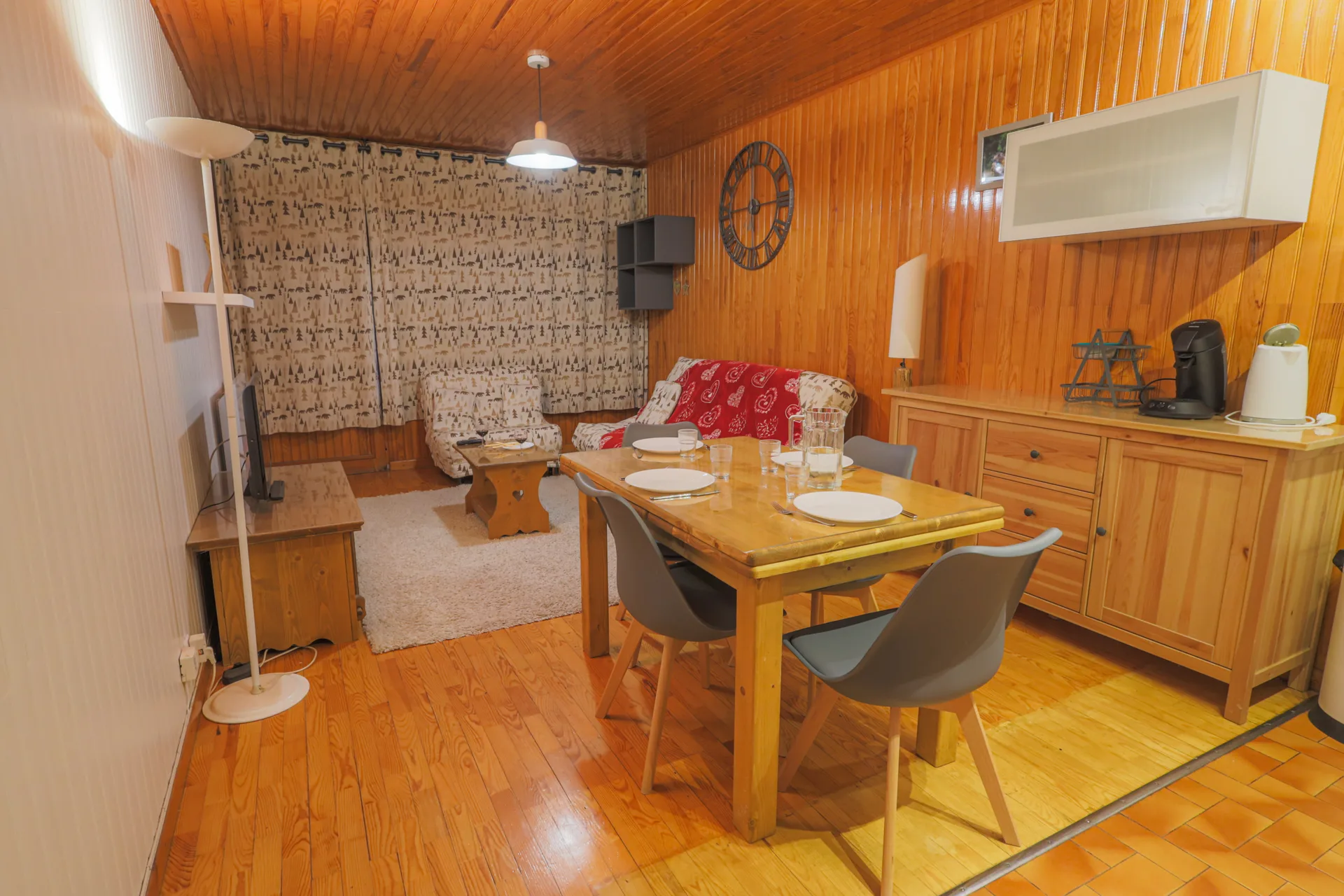 Salon avec canapé et TV